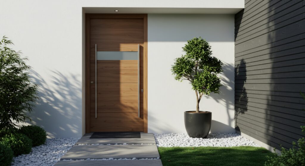 modern home entrance with wooden door and decorative plant